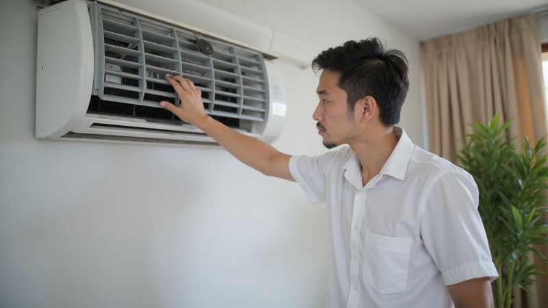 Person checking aircond that's not blowing cold air