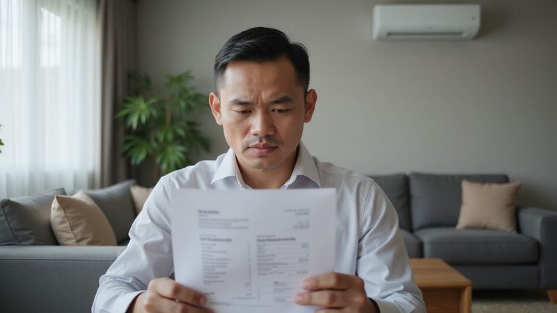 Person reviewing electricity bill for aircond costs